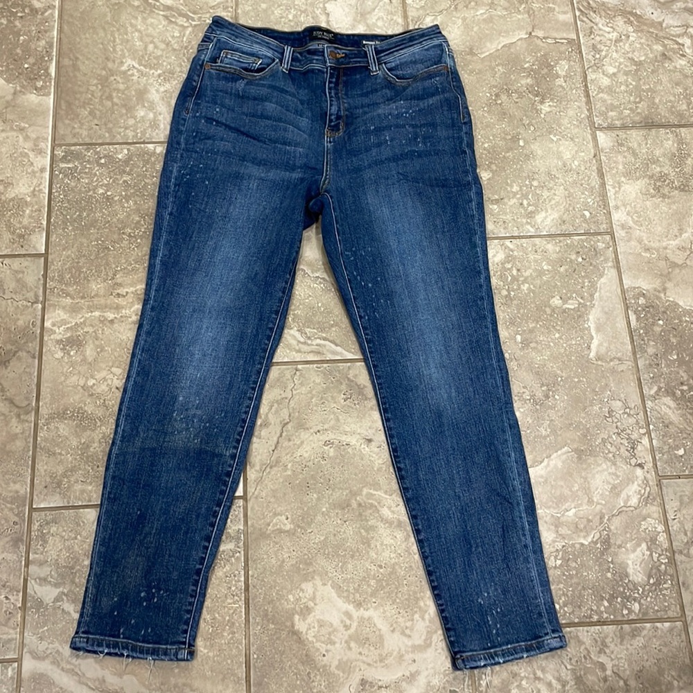 Judy Blue Skinny Fit bleach splatter stretch blue Jeans boyfriend mid rise Sz 32